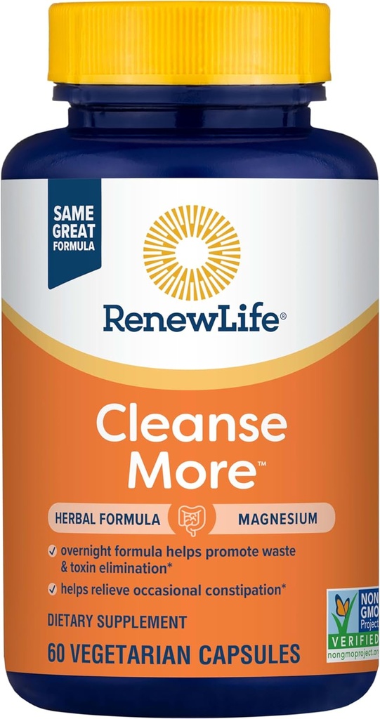 Renew Life Cleanse Mere Urteformel med Magnesium til Overnatning Occasional Forstoppelse Relief; Hjælper med at fremme affald og toksin Elimination; Gluten, Dairy og Soy Free; 60 Vegetariske kapsler *
