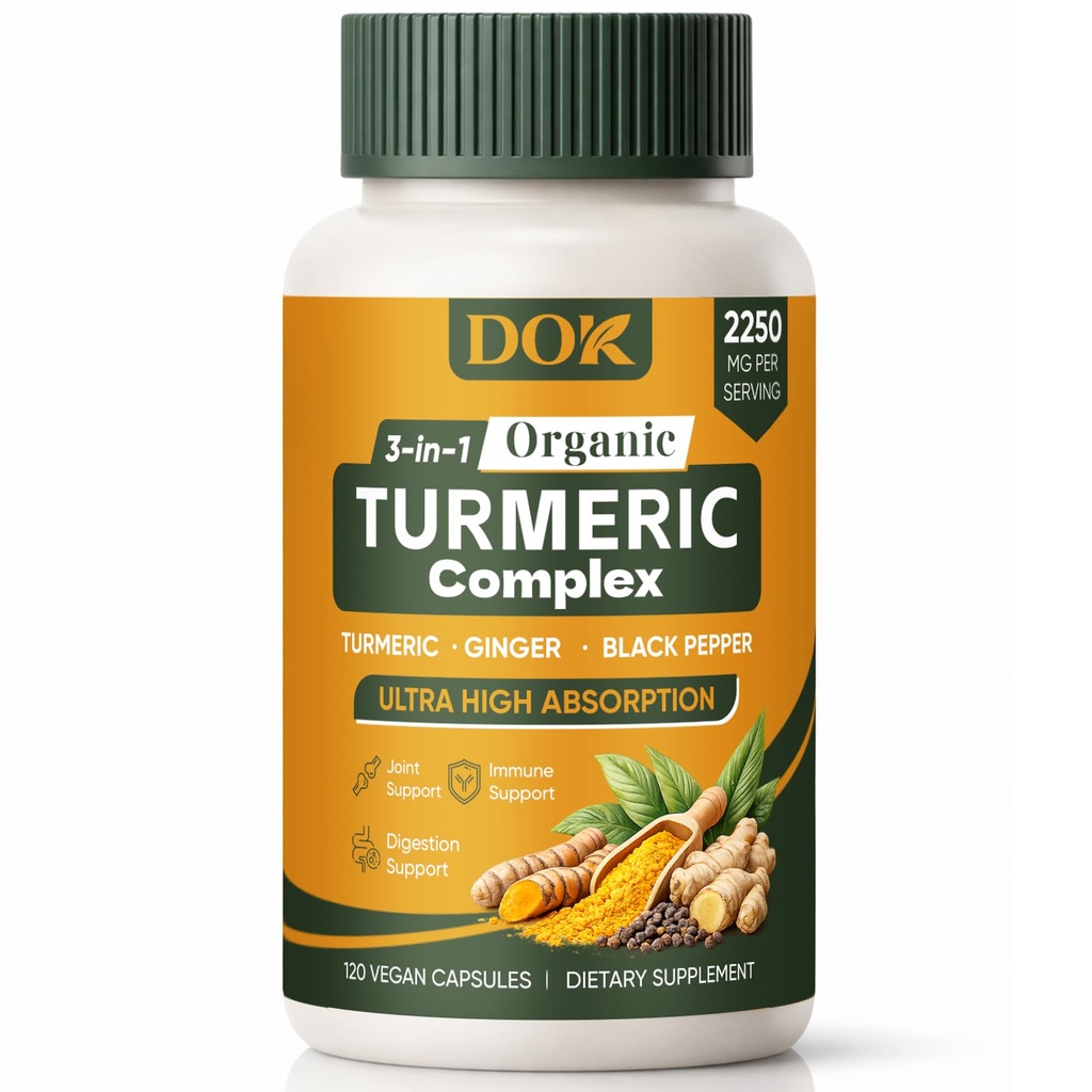 Turmeric Organic 3-in-1 Complex, Turmeric Curcumin Supplement with Black Pepper & Ginger 2250mg, Daily Support, Vegan, Non-GMO, 120 Count (A)