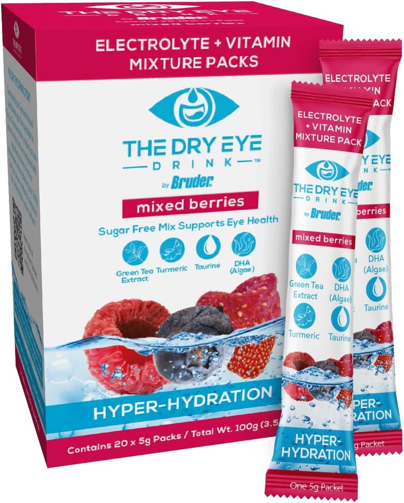 l Ultimate Hydration for tørre øjne l Sugar- Free Electrolyte Powder Packets l Blended med vitaminer, grøn te, gurkemeje, Taurine, og DHA l 5g x 20 Packets (blandet berry)