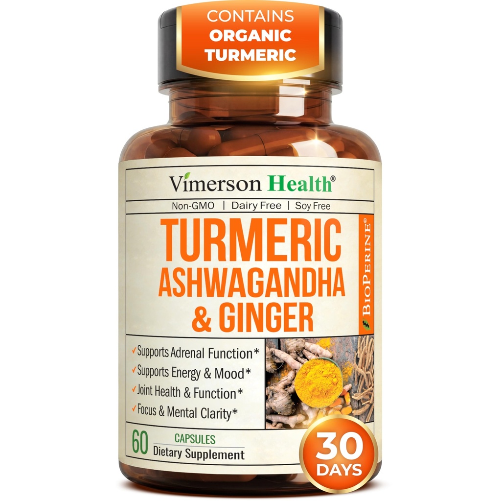 Ashwagandha Capsules with Organic Turmeric Curcumin, Ginger Root & Black Pepper – Daily Stress Relief Support, Joint Health, Energy & Mood Balance – 60 Ashwagandha Capsules for Women & Men