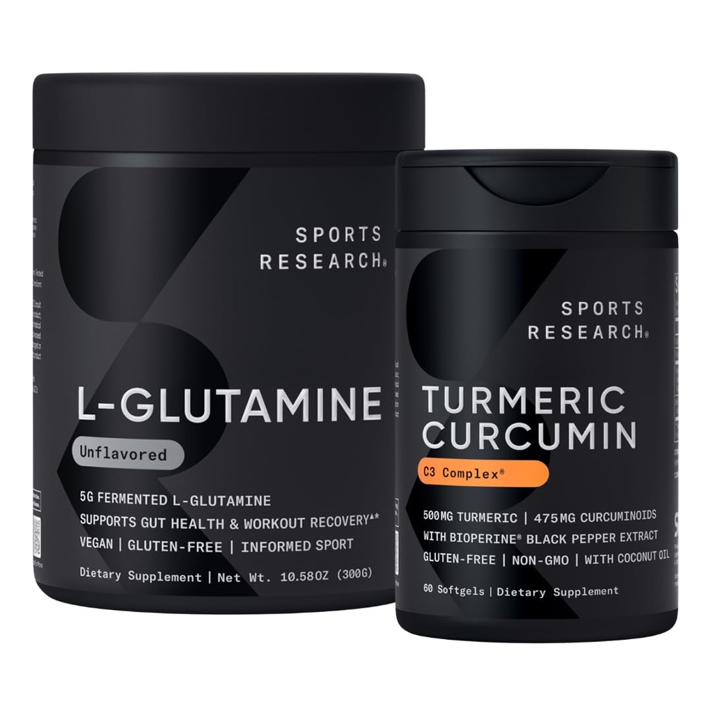 Sports Research® Gut Health - Fermented L-Glutamine and Turmeric Curcumin C3 Complex® w/BioPerine Black Pepper Extract (60 Servings Each)