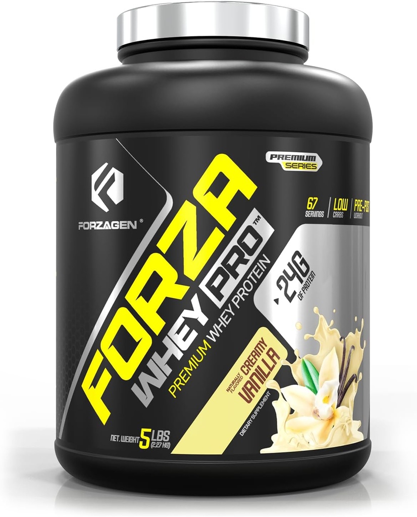 Forzagen Whey PRO Low Carb Protein Powder Budding 124; 24g Protein per Serving, Ingen tilsat sukker, Gluten Free, Premium Whey for Shakes & Blandinger til mænd og kvinder, BCAA Budding 124; Vanilla, 5 lbs. (67 Servere)