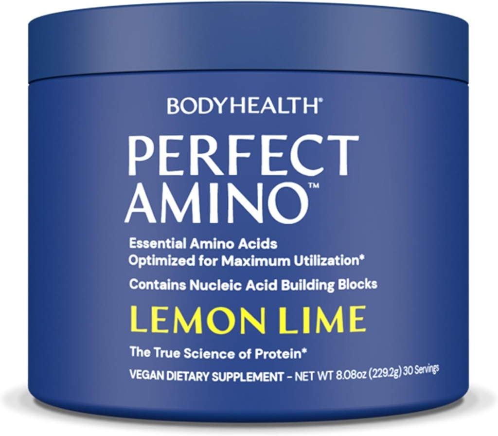 BodyHealth PerfectAmino Powder - BCAA og EAA Powder til Pre and Post Workout - Amino Acid Energy Drikke for mænd og kvinder til at støtte Lean Muskel og Inddrivelse - Lemon Lime - 30 Servere