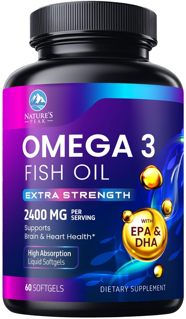 Omega 3 Fiskeolie 2400 mg tillæg, Sustainable Sourced, Triple Strength Omega-3 tillæg Softgels, Brain Health Support, EPA & DHA Fish Oil Fedtsyrer Kosttilskud, Gluten & GMO Free, 60 Softgels