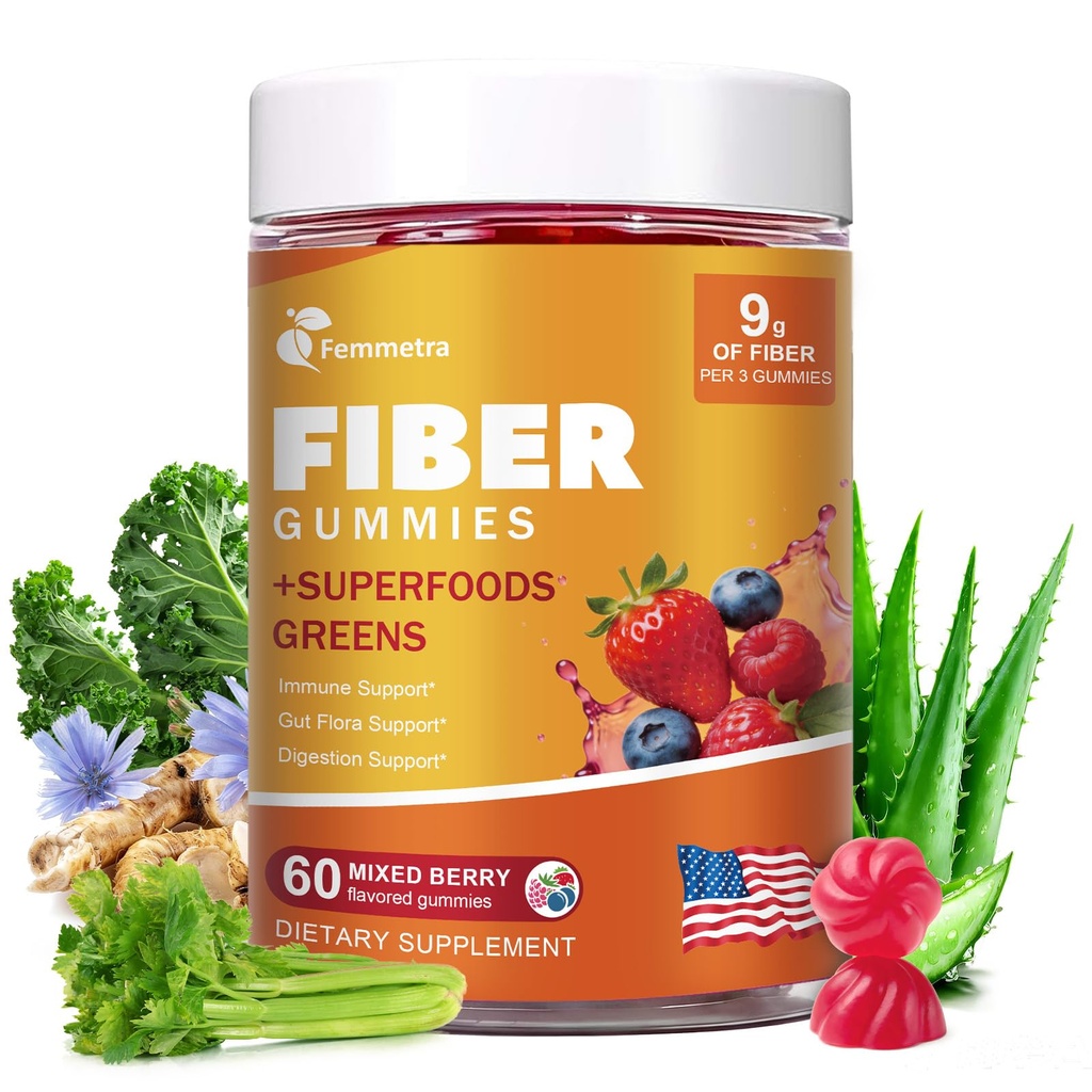10-in-1 Prebiotic Fiber Gummies for Digestive Health & Regularity - GLP-1 Friendly - No Sugar Added Mixed Berry Flavor with Greens - Daily Supplement for Adults - 60 Count
