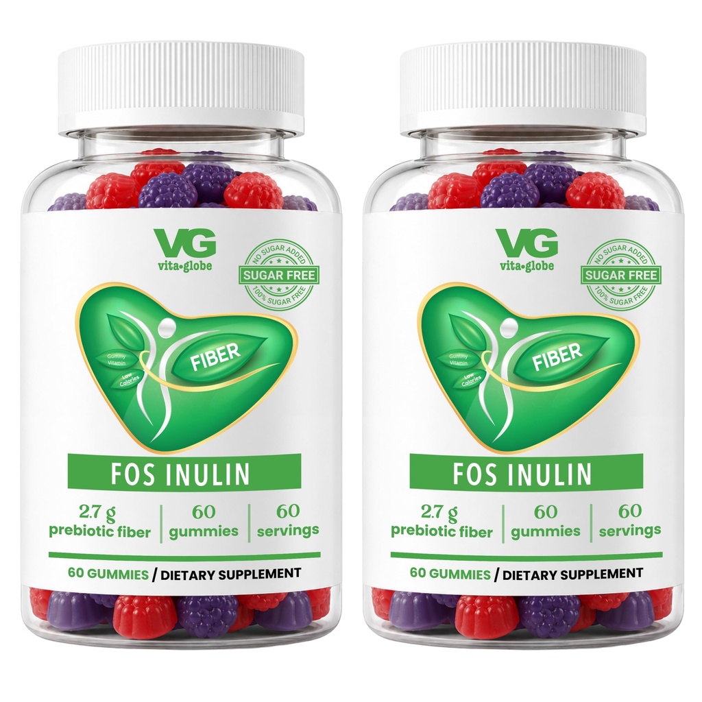 VITA GLOBE Prebiotic Fiber Gummies with FOS Inulin, Sugar-Free Daily Fiber Supplement, Supports Digestive Health, Gut Balance & Regularity, Vegan, Non-GMO, Fiber Gummies – 60 Count (Pack of 2)
