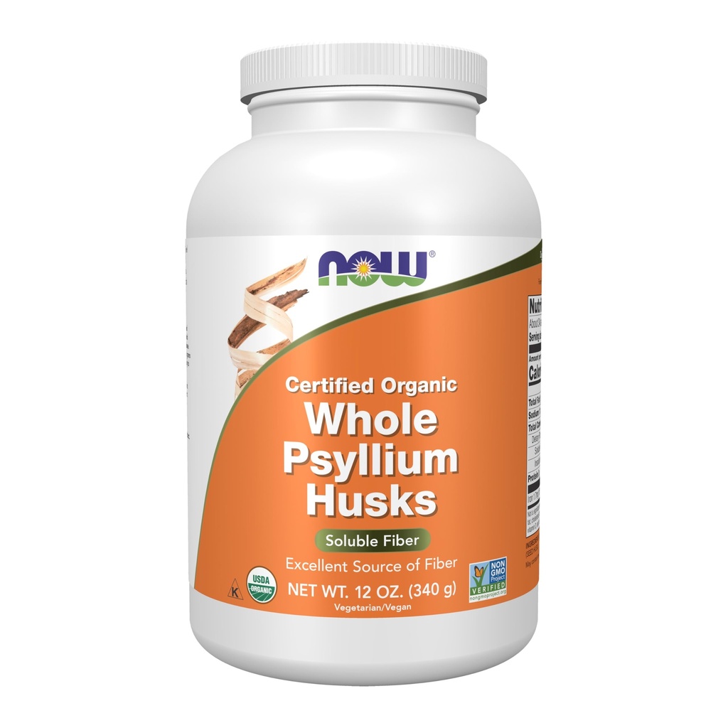 Now Foods Supplements, Whole Psyllium Huss, Certified Organic, Non- GMO Project Verified, Opløselig Fiber, 12 -Ounce