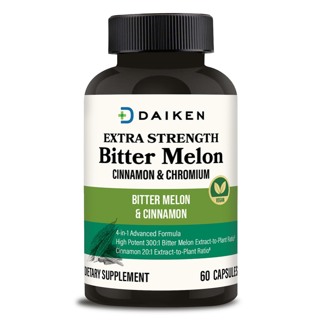 DAIKEN Bitter Melon, Cinnamon & Chrom, 90.000 mg Ækvivalent Per Serving Extra Strength, 100% Vegetar Bitter Melon Kapsler med kanel Chrom & Zink, 60 Kapsler