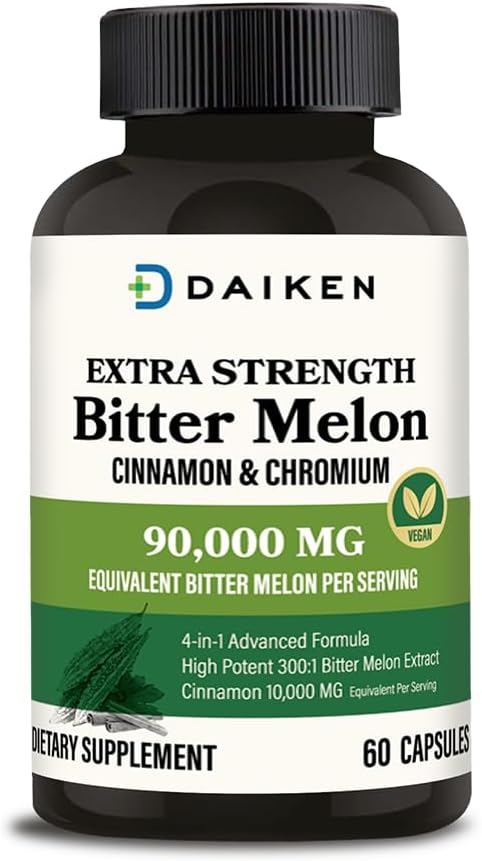 DAIKEN Bitter Melon, Cinnamon & Chromium, 90,000 mg Equivalent Per Serving Extra Strength, 100% Vegetarian Bitter Melon Capsules with Cinnamon Chromium & Zinc, 60 Capsules