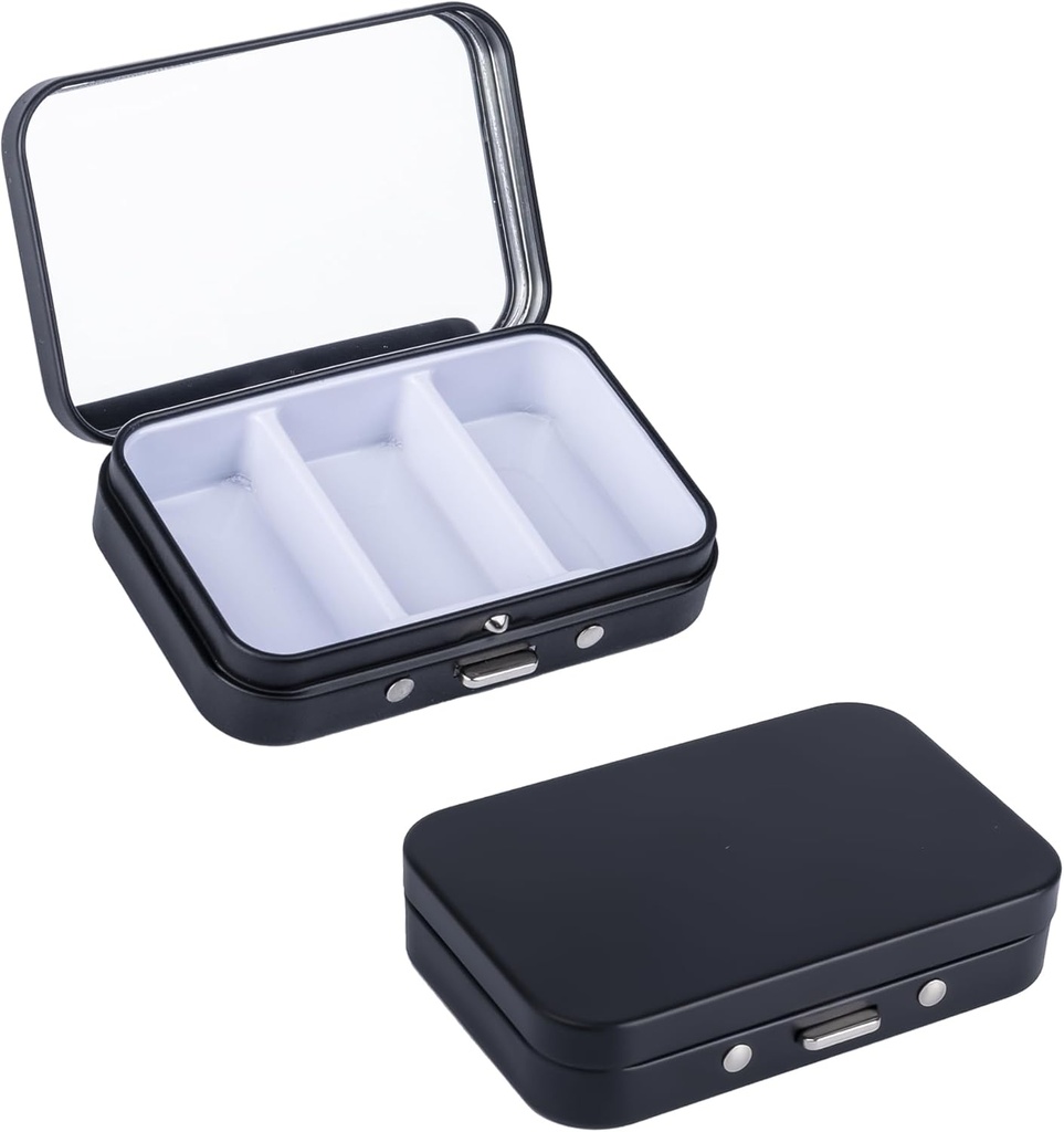 2Pack Pill Box 3 Compartment Pill Case,Portable Metal Travel Pill Box with Mirror for Medicine, Vitamins,Fish Oil and Supplements,Portable Pill Box for Pocket or Purse(Black)