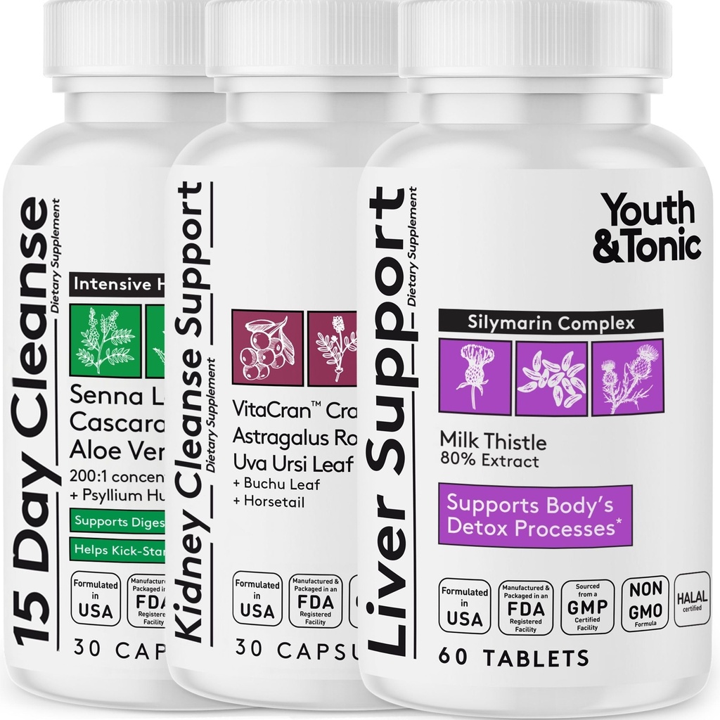 Youth & Tonic 3X Body Cleanse og Detox piller til kvinder & mænd med lever, Nyre, Colon Kosttilskud til støtte sunde funktioner og for tab af uønskede Urenheder og stofskifteaffald. 120 Kapsler