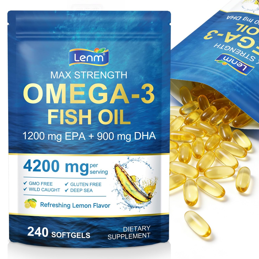 Omega-3 Fish Oil, 240 Softgels Triple Strength 4200mg per Serving with 1200mg EPA & 900mg DHA, Lemon Flavor, Wild Caught ﻿