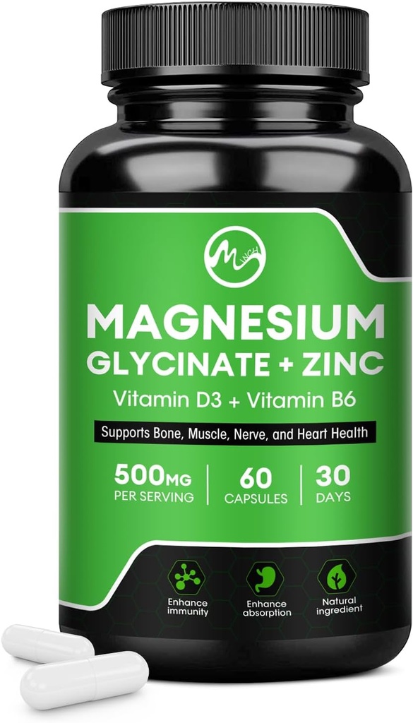 Magnesium Glycinat kapsler, Magnesium Glycinat tillæg med zink, vitamin D3 & B6 - fremmer nerve, tarm, afslapning funktion - 60 Veganske kapsler