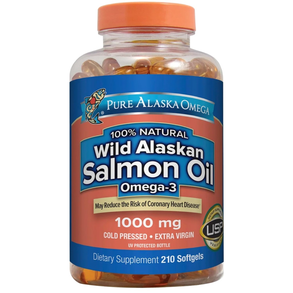 Omega-3 Wild Alaskan Salmon Oil 1000mg Softgels - Omega 3, Wild Alaskan Fish Oil, Softgels, Salmon Oil for Humans - 210 Count (Pack of 1)