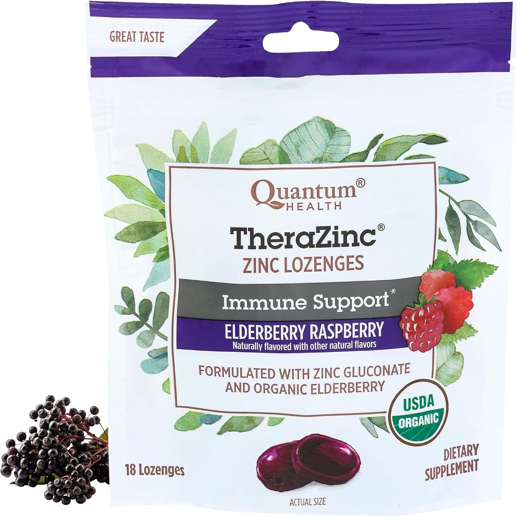 Quantum Health TheraZink Organic Zink Lozenges Elderberry & Honey - immunforsvar for voksne & børn 12 + Naturlig Flavored Raspberry Fast Relief med ingen eftersmag - 18 Greve