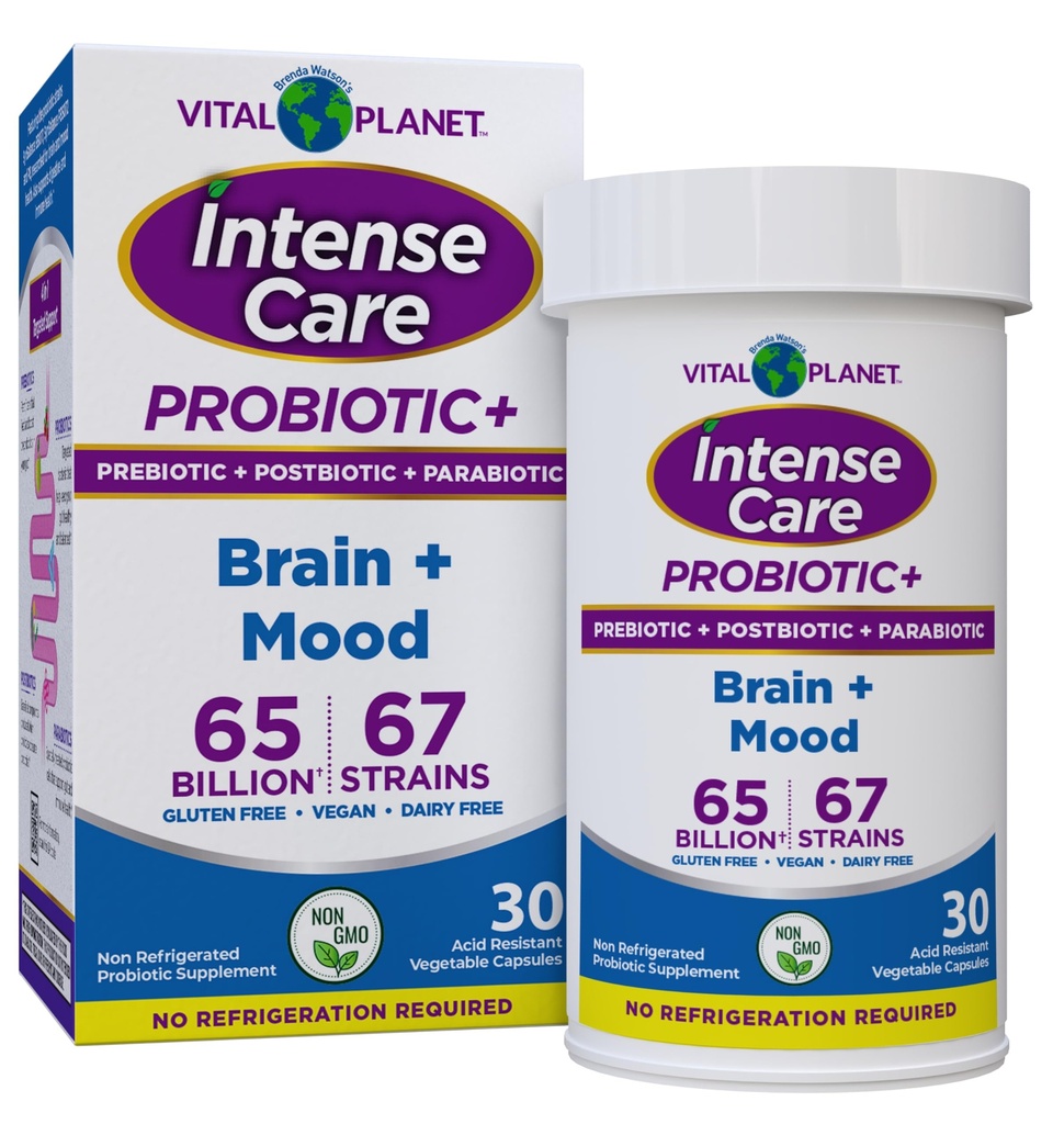 Vital Planet - Intense Care Brain & Mood Probiotika, Økologisk Prebiotika, Postbiotika, Parabiotika, Komplet 4 - in-1 Helbredstillæg for voksne, 65 Millioner CFU, 67 Stammer, fordøjelse og immun 30 læ