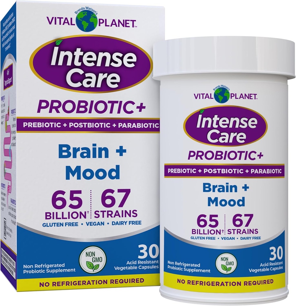 Vital Planet - Intense Care Brain & Mood Probiotika, Økologisk Prebiotika, Postbiotika, Parabiotika, Komplet 4 - in-1 Helbredstillæg for voksne, 65 Millioner CFU, 67 Stammer, fordøjelse og immun 30 læ