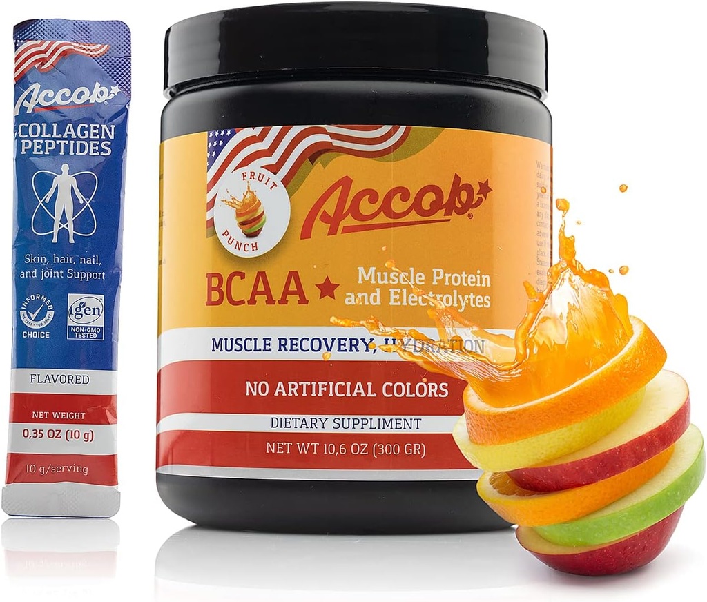 BCAA Powder Fruit Punch- Pre eller Post Workout, Muscle Recovery Drink med Aminosyrer + Elektrolyter, 7,2g BCCA for mænd og kvinder -30 Servering + 10g Collagen Peptider