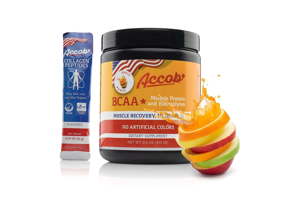 BCAA Powder Fruit Punch- Pre eller Post Workout, Muscle Recovery Drink med Aminosyrer + Elektrolyter, 7,2g BCCA for mænd og kvinder -30 Servering + 10g Collagen Peptider