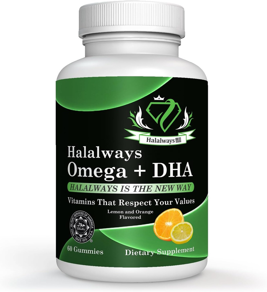Halalways Omega + DHA Gummies - Triple Strength Omega 3 Fish Oil Gummy Vitaminer med DHA fedtsyrer, Nature 's Heart Health, Orange & Lemon Flavor Certified Halal Supplement