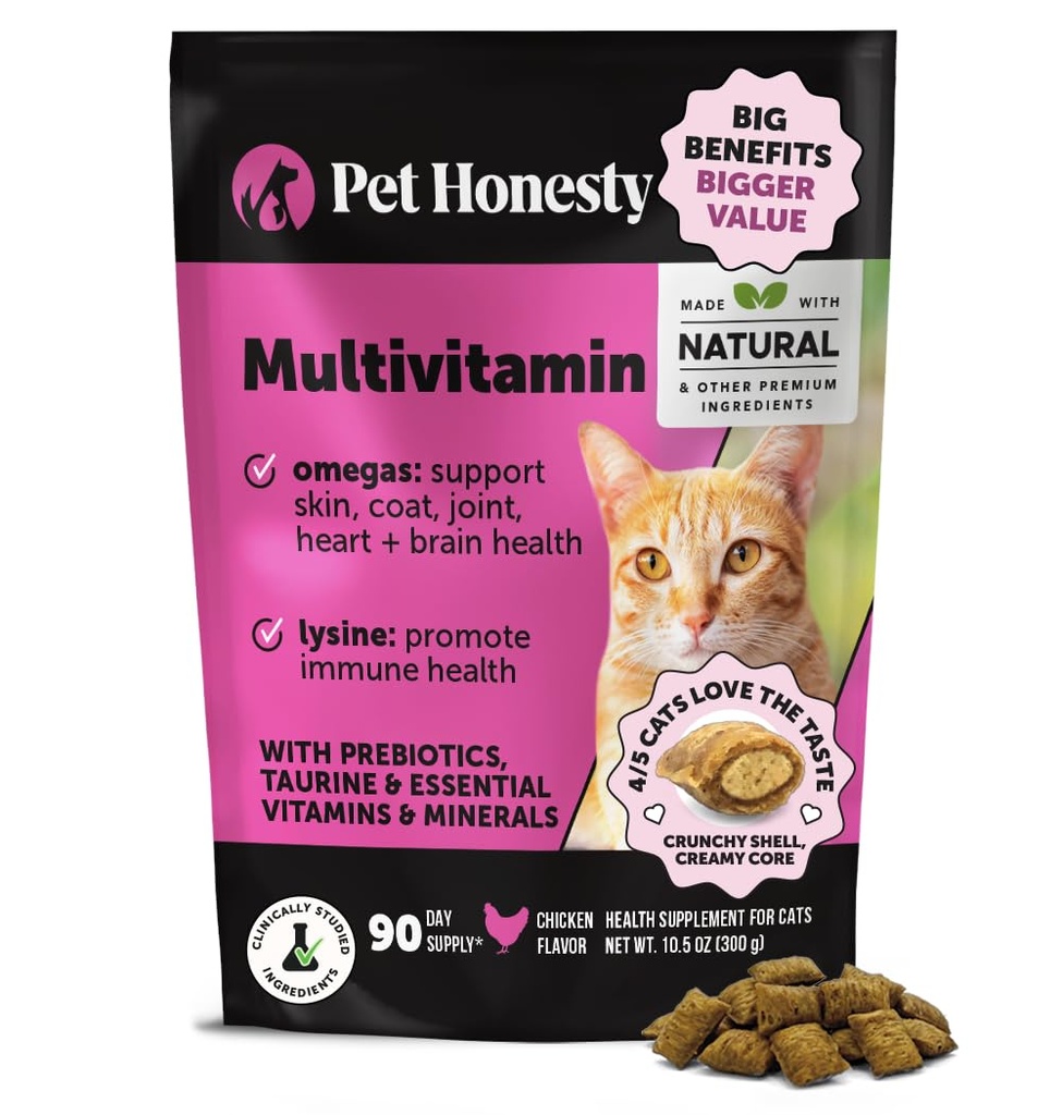 Cat Multivitamin Chews - Cat Treats for Health + immun, Joint Support, Hud & Coat, og fordøjelse - Omega 3s, Lysin & Probiotika til katte, Vitaminer til katte - Kylling (90- Day Supply)