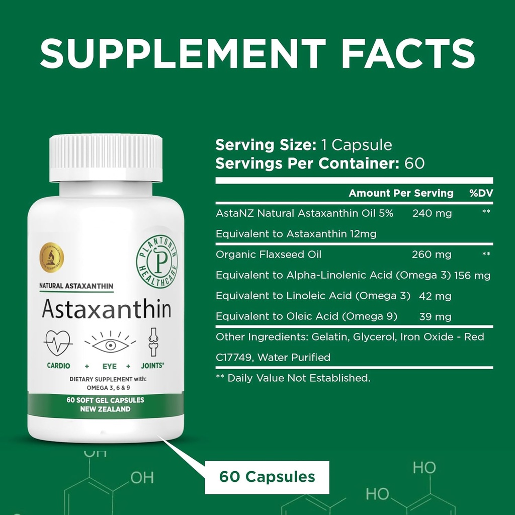 New Zealand - Astaxanthin 12mg fra mikroalger Haematococcus Pluvialis - 60 Soft Gels - GMO & Gluten Free - Antioxidant - Understøtter fælles mobilitet & Post Motion Inddrivelse, hud & øje sundhed