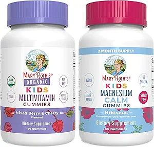 MaryRuth 's Gummies for Kids- USDA Organic Multivitamin (blandet berry & cherry), & Magnesium Calm (Hibiscus) - 124; Ingen Gelatine!