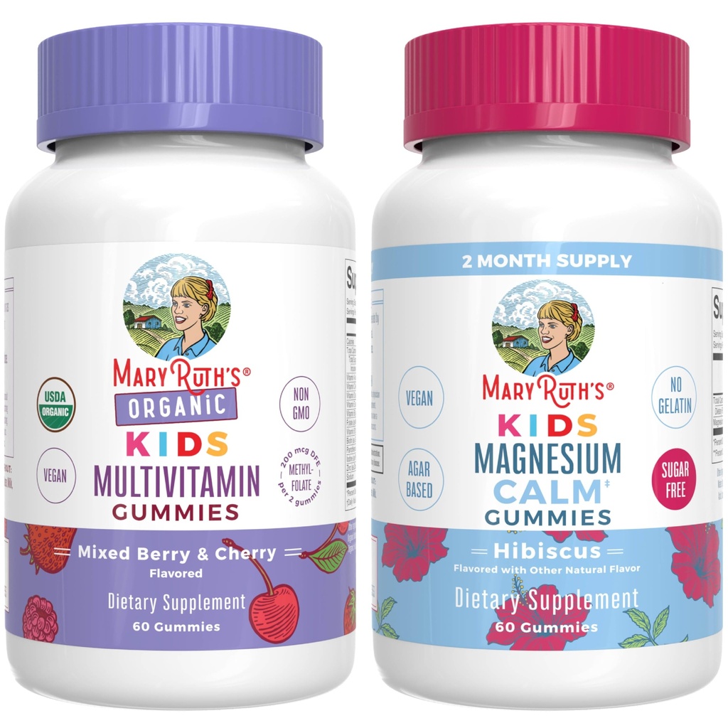 MaryRuth 's Gummies for Kids- USDA Organic Multivitamin (blandet berry & cherry), & Magnesium Calm (Hibiscus) - 124; Ingen Gelatine!