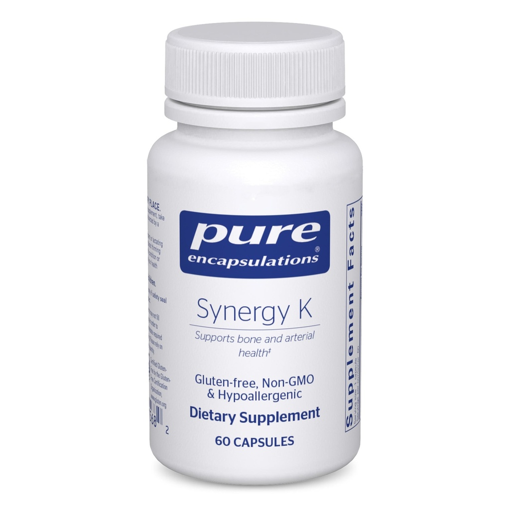 Rene indkapslinger Synergy K - med vitamin K1, K2 & D3 - Understøtter knogler, blodkar, vaskulær Elasticitet & Calcium Anvendelse * - Inkluderer Cholecalciferol - Gluten Free & Non- GMO - 60 kapsler