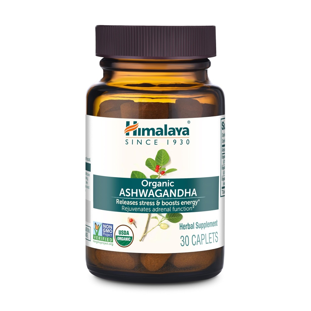 Himalaya Organic Ashwagandha Root, 30 Day Supply - Herbal Adrenal Support Supplements for Stress Relief and Energy Support - USDA Organic, Non-GMO, Vegan, Gluten Free, No Additives, 670 mg, 30 Caplets