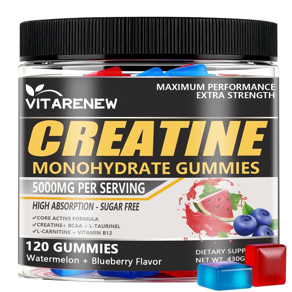 Creatine Gummies 120 Count - Watermelon Blueberry Flavor, 5000mg Creatine Monohydrate with BCAA, L-Taurine & Electrolytes for Muscle Growth, Strength & Energy - Chewable for Men & Women