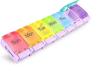 AUVON Weekly Pill Organizer Gigt Friendly, BPA Gratis Rejser 7 Day Pill Box Case med Spring Open Design og stort udvalg til at holde vitaminer, torsk leverolie, kosttilskud og medicin
