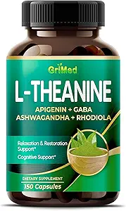 GriMed L- Theanine 11,900mg- X10 Power med Apigenin, GABA Ashwagandha, Rhodiola - Afslapning og restaurering fokus og hukommelse - Made in USA (150 Count (Pack of 1))
