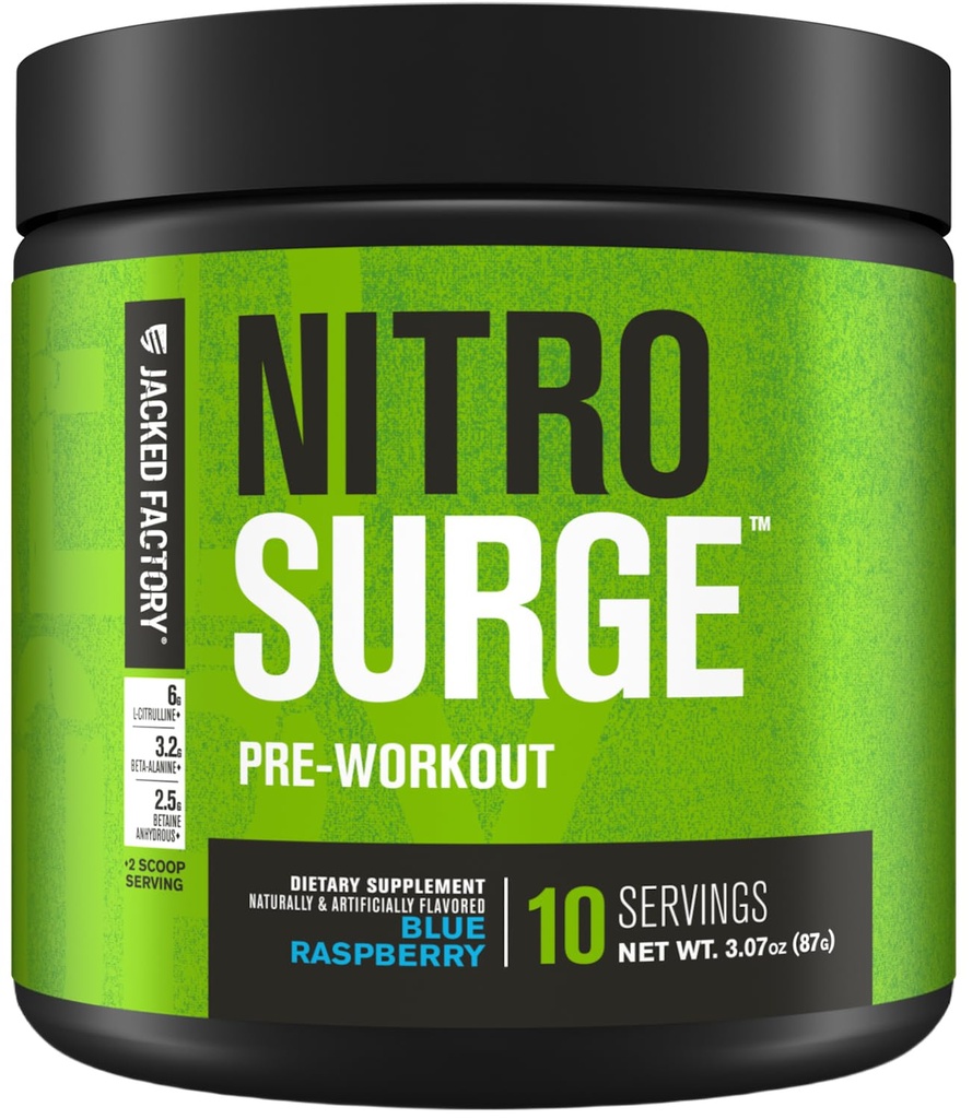 Jacked Factory NITROSURGE Pre Workout Supplement - Endless Energy, Instant Strength Gains, Clear Focus, Intense Pumps - NO Booster & Preworkout Powder with Beta Alanine - 10 Servings, Blue Raspberry