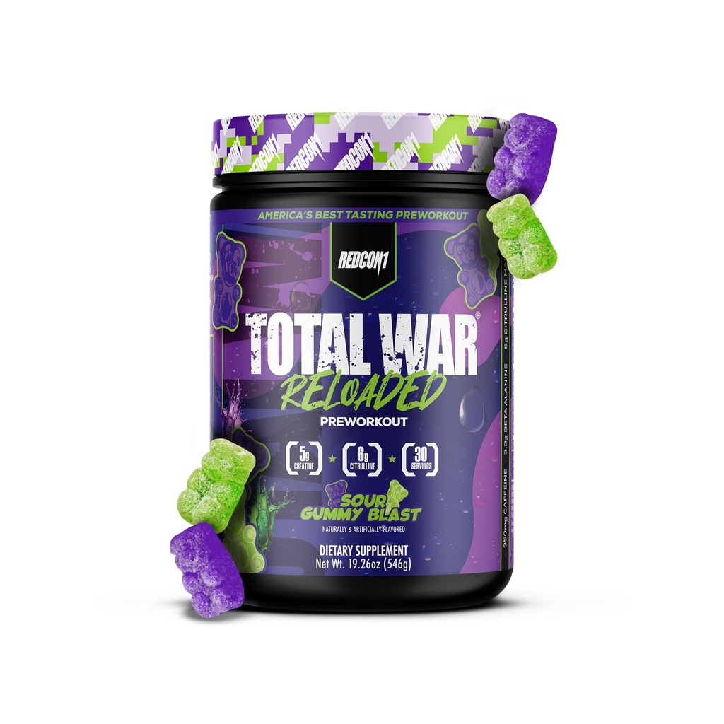 REDCON1 Total War Reloaded Pre Workout, Sour Gummy Bear - Creatine, Beta Alanine + L-Citrulline Malate Keto Friendly for Men & Women with 350mg of Caffeine - Fast Acting (30 Servings)