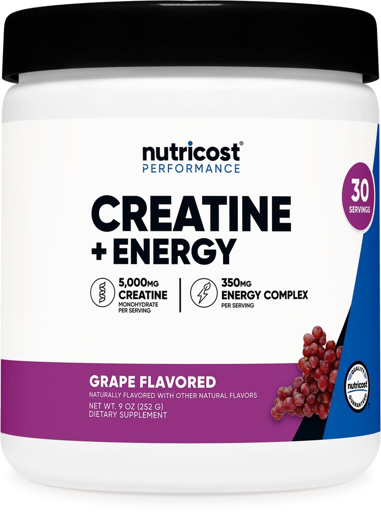 Nutricost Creatine + Energy 30 Servings (Grape Flavored) - 5,000mg Creatine Monohydrate + 350mg Energy Complex Per Serving
