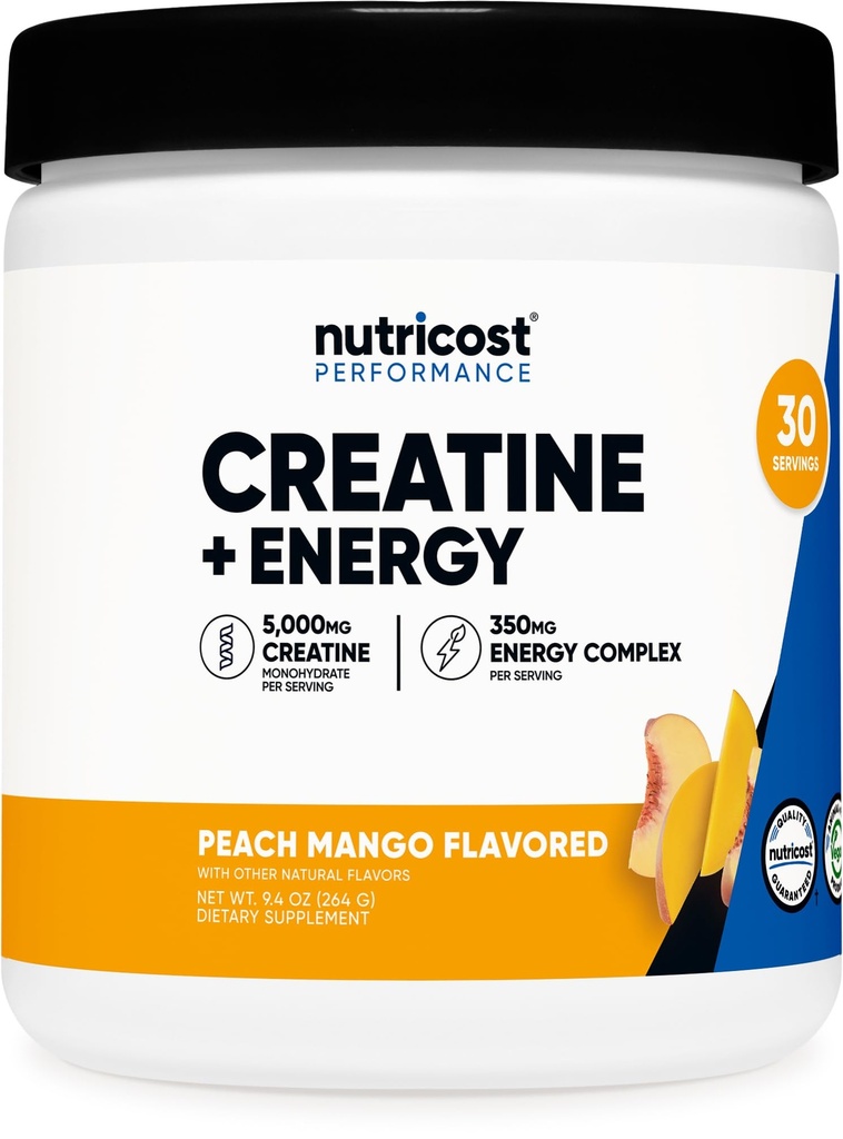 Nutricost Creatine + Energy 30 Servings (Peach Mango Flavored) - 5,000mg Creatine Monohydrate + 350mg Energy Complex Per Serving