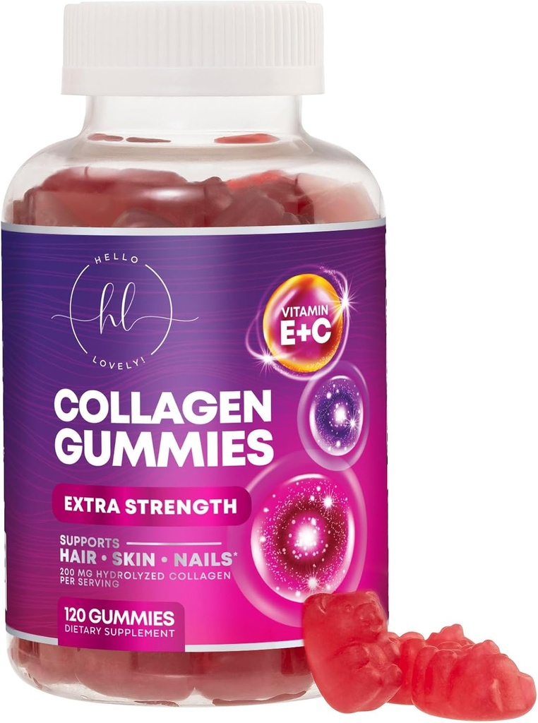 Collagen Peptider Gummies med 2500 mcg biotin - Hydrolyzed Protein Type I & III Multi Collagen tillæg med C-vitamin & zink - Støtte til hår, hud, negle, Tasty Pomegranate Flavor - 120 Gummies