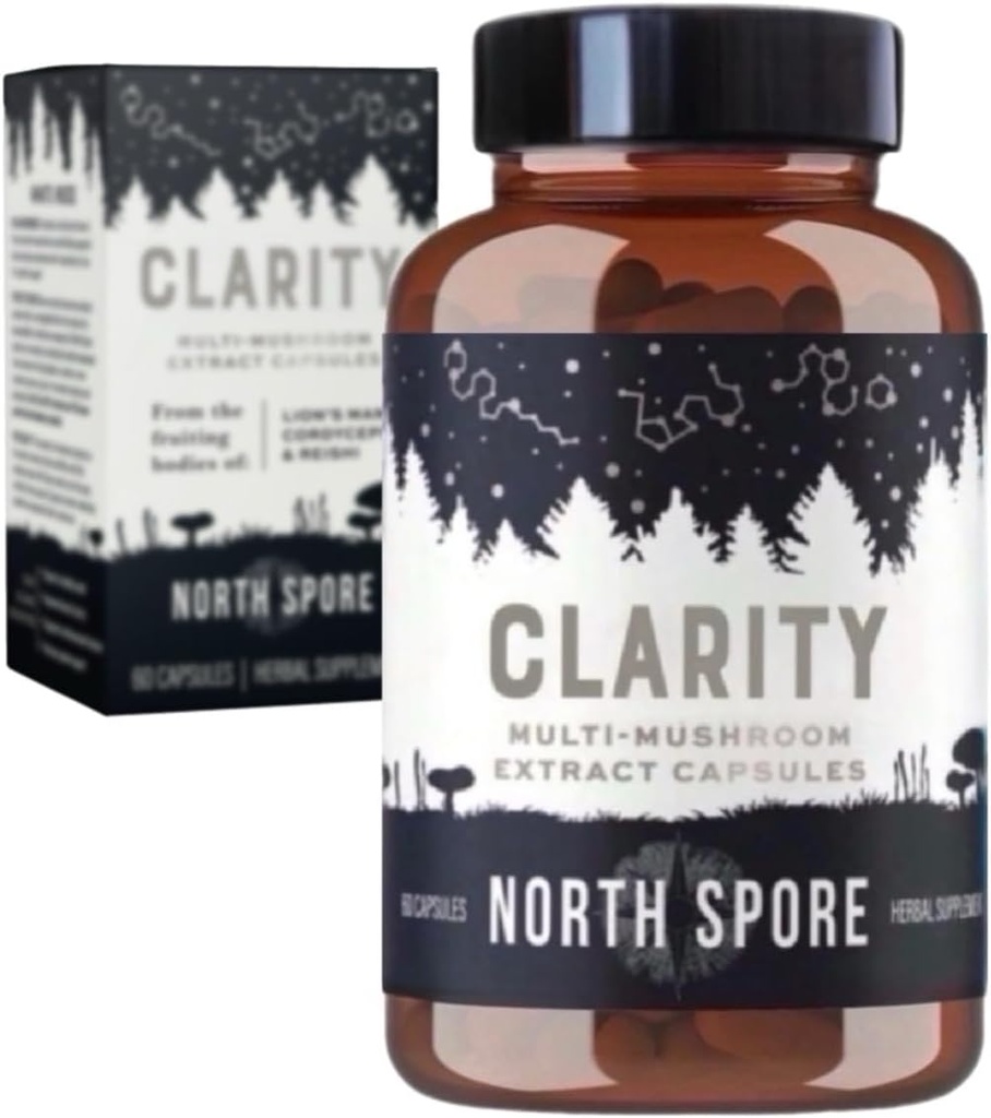 North Spore Organic Clarity High Potence Mushroom Kapsler 124; Lions Mane, Reishi, Cordyceps Supplement 124; Boost Fokus, Hukommelse, Vitality, Kognitiv FunktionsName 124; Pure Organic Extract Blend - 60ct