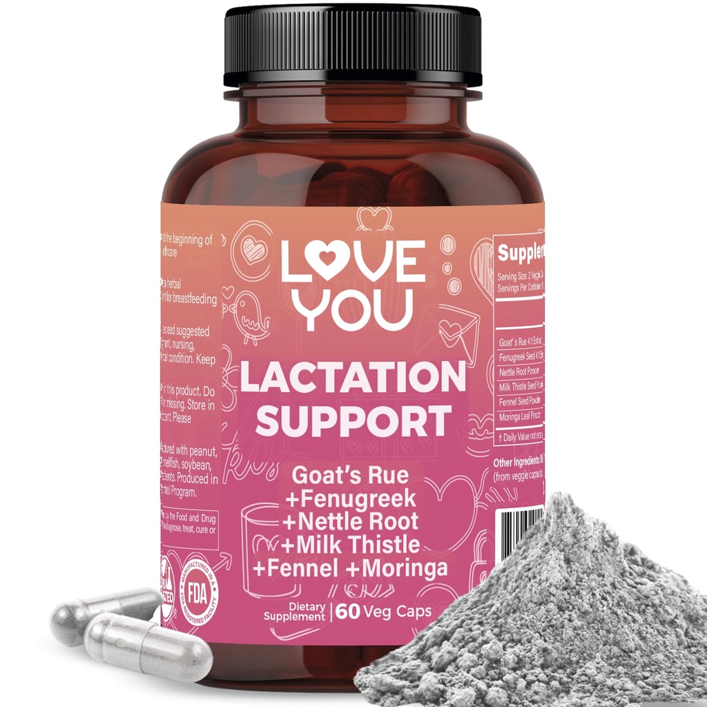 Love You Lactation Support for Breastfeeding Moms – Herbal Milk Booster with Fenugreek, Moringa & Goat’s Rue – Vegan Postnatal Supplement for Milk Flow & Energy – 60 Capsules