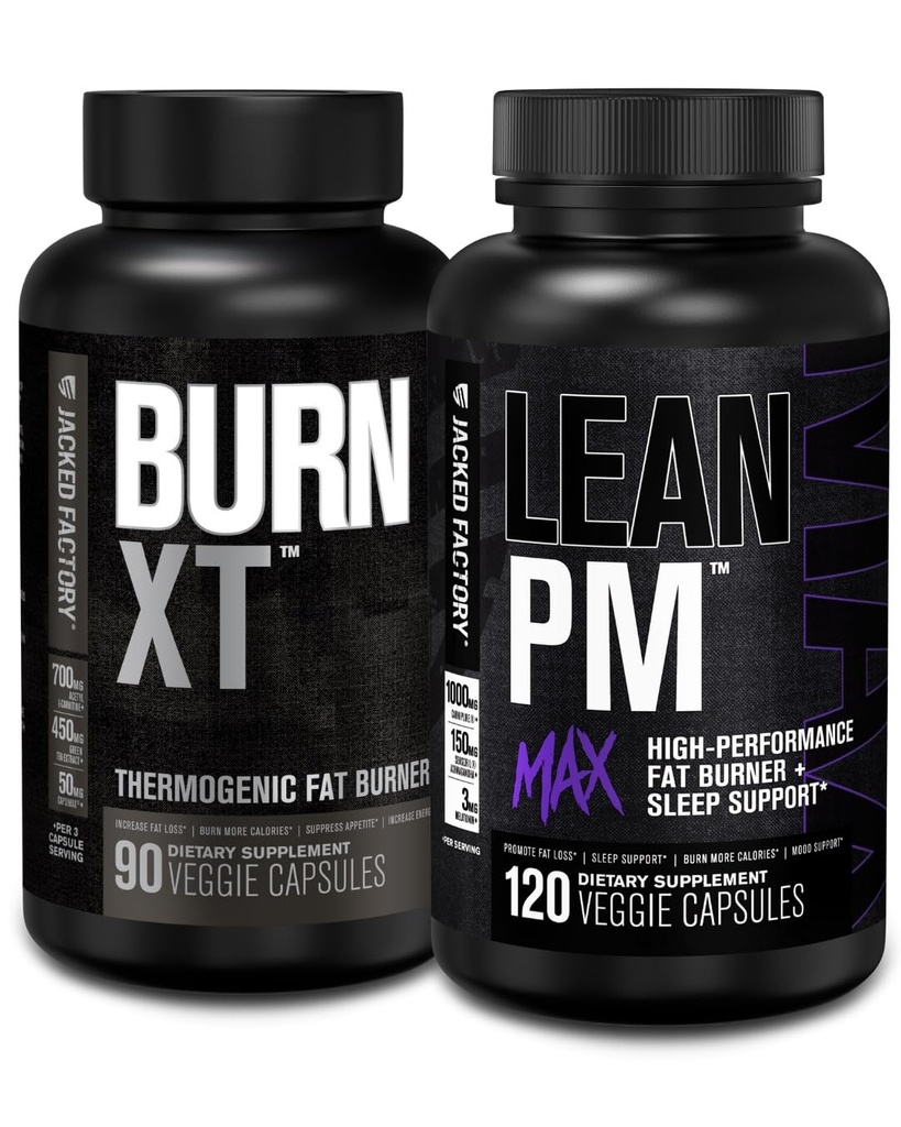Jacked Factory Burn XT Thermogen Fat Burner - Appetite Suppressant & Nootrop Energy Booster (90 kapsler) & Lean PM Max High- Performance Weight Loss, Sleep Support Medic124; (120 kapsler)
