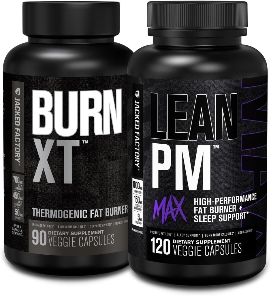 Jacked Factory Burn XT Thermogen Fat Burner - Appetite Suppressant & Nootrop Energy Booster (90 kapsler) & Lean PM Max High- Performance Weight Loss, Sleep Support Medic124; (120 kapsler)