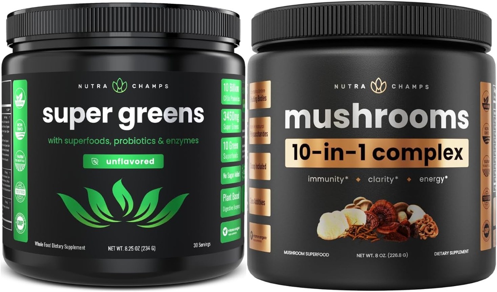 NutraChamps Super Green Unflavored & Super Mushrooms: Ultimate Brain, Gut & Body Boost