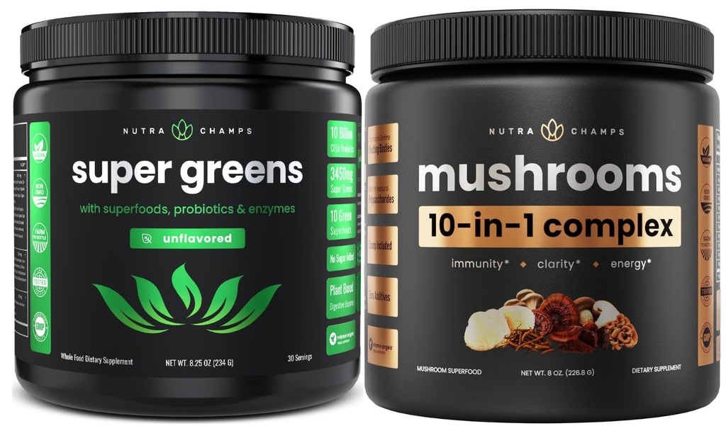 NutraChamps Super Green Unflavored & Super Mushrooms: Ultimate Brain, Gut & Body Boost