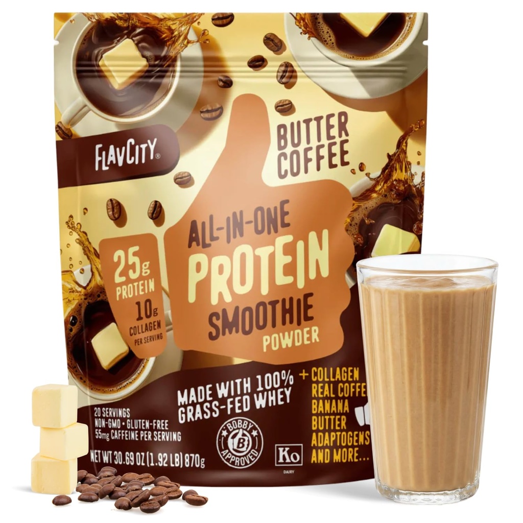 FlavCity Grass Fed Whey Protein Powder - Smør kaffe - 25g Protein, 10g Collagen & 87mg Koffein - Lavet med Organic Reishi & Cordyceps - Gluten Free & Ingen Tilføjet sukkerarter (20 Servere)