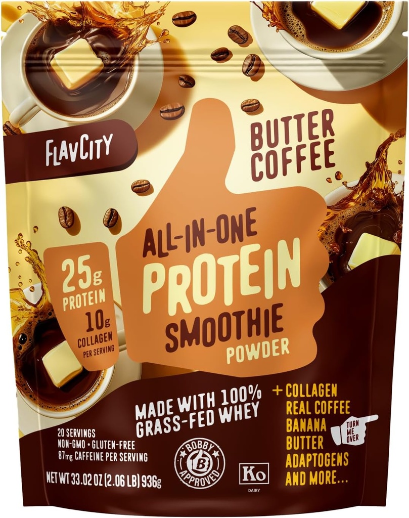 FlavCity Grass Fed Whey Protein Powder - Smør kaffe - 25g Protein, 10g Collagen & 87mg Koffein - Lavet med Organic Reishi & Cordyceps - Gluten Free & Ingen Tilføjet sukkerarter (20 Servere)