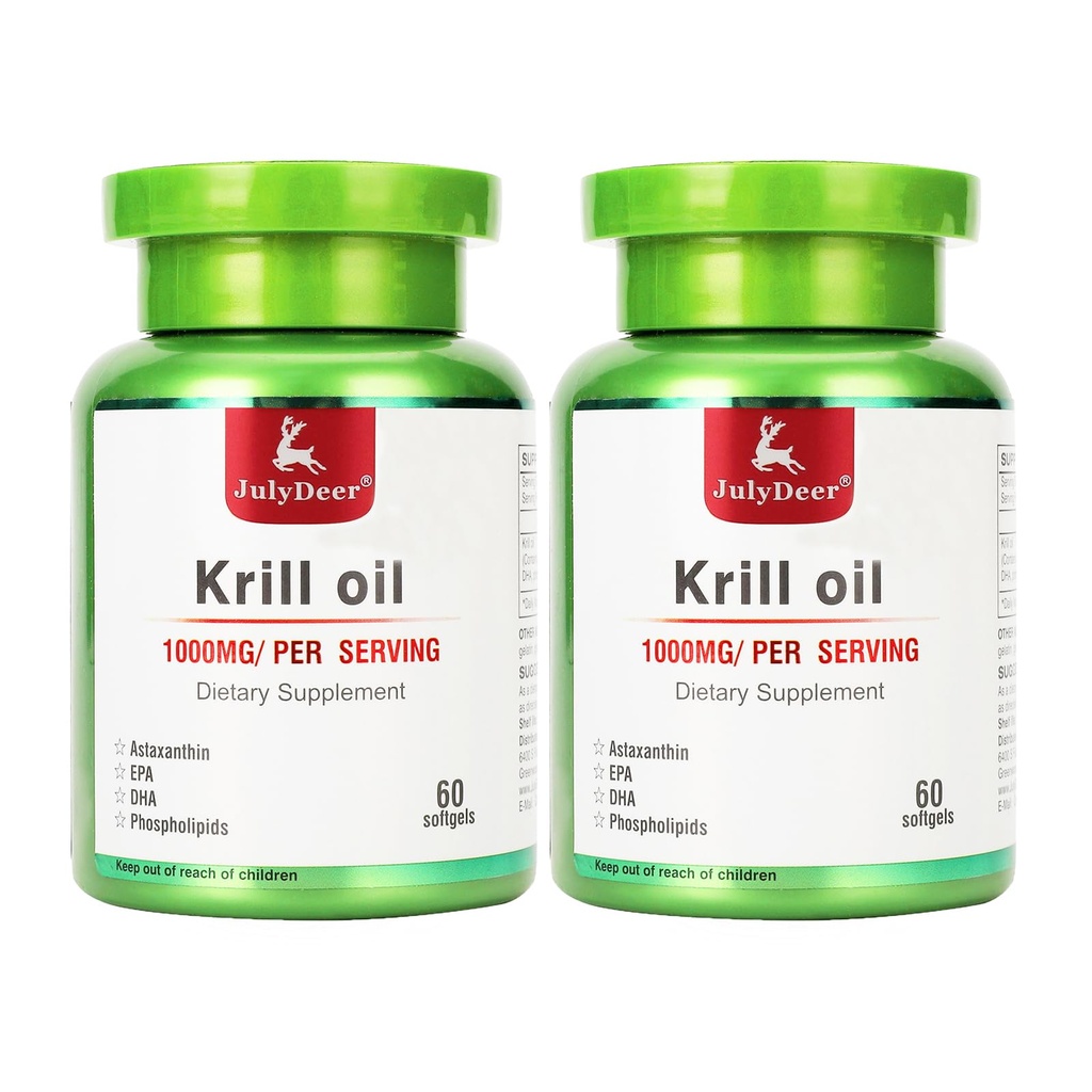 2 Flasker antarktisk krill Oil 1000 mg med Omega- 3s EPA, DHA, Astaxanthin og Phospholipider 60 Softgels Supplement nr. Fishy Eftersmag for fælles, hjerte, hjerne og immunitet - 120 Softgels