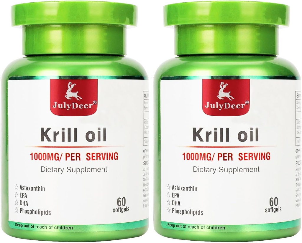 2 Flasker antarktisk krill Oil 1000 mg med Omega- 3s EPA, DHA, Astaxanthin og Phospholipider 60 Softgels Supplement nr. Fishy Eftersmag for fælles, hjerte, hjerne og immunitet - 120 Softgels
