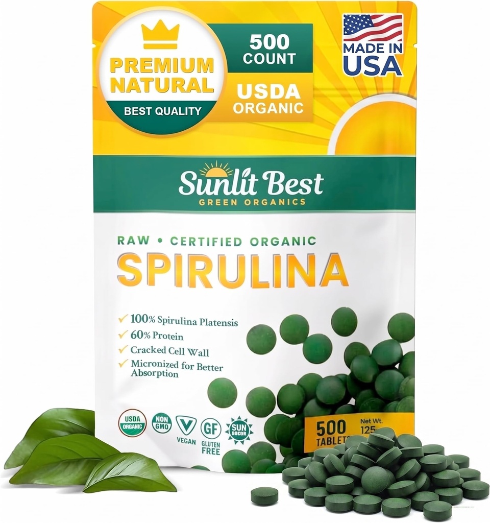 Sunlit Best Spirulina Tablets - Organic Spirulina Tablets USDA Premium 500 Count - Natural Spirulinas Organic Burst for immun Support Muskelvækst, Energy Boost w / Chlorophyll - High Protein, Ikke GMO