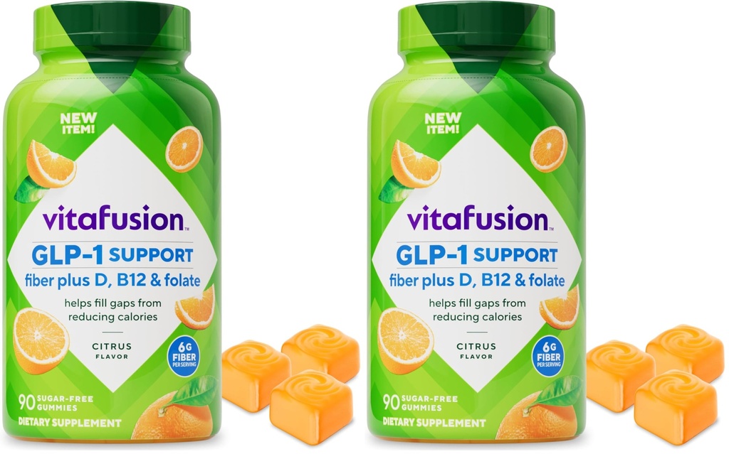 Vitafusion GLP-1 Support Fiber Plus Vitamins D,B12 and Folate Gummy Vitamins,Citrus Flavor,Sugar Free,30 Day Supply,90 Count (Pack of 2)